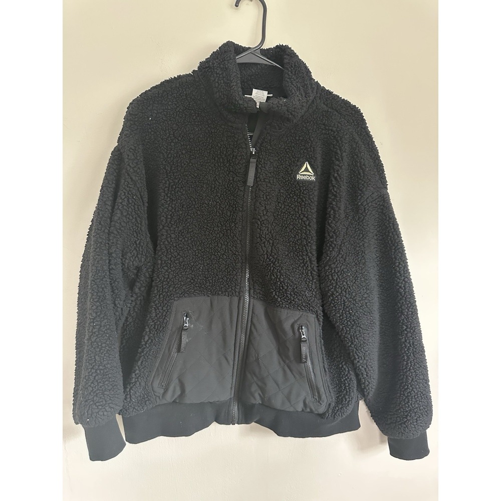 Reebok Black Sherpa Fleece Full Zip Jacket Puffer Pockets Women's LARGE